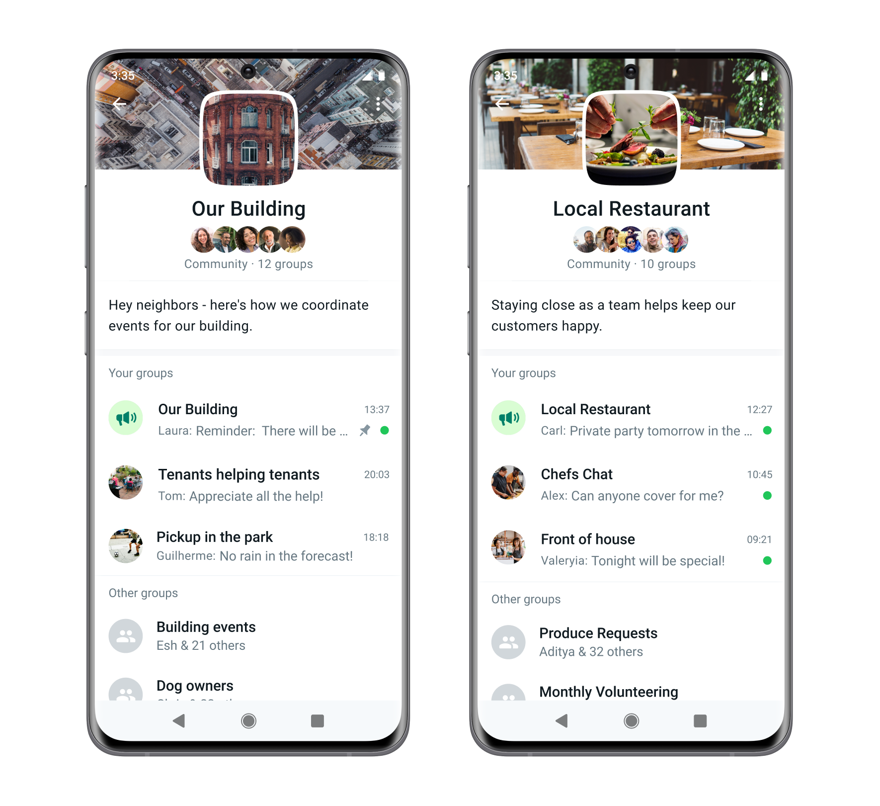 Product mock of Communities on WhatsApp